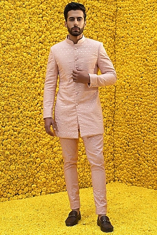 Blush Pink Banarasi Chanderi Sherwani Set by Mahima Mahajan Men
