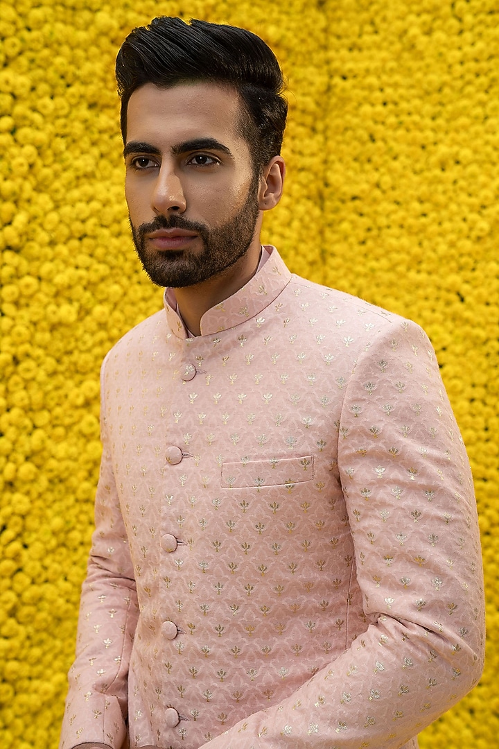 Blush Pink Banarasi Chanderi Wedding Sherwani Set by Mahima Mahajan Men at Pernia's Pop Up Shop