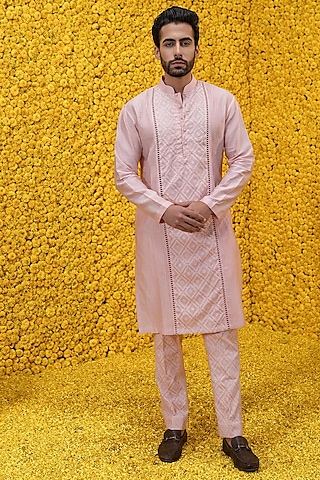Blush Pink Banarasi Chanderi Kurta Set by Mahima Mahajan Men