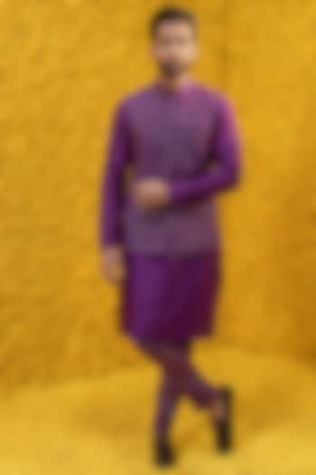 Purple Banarasi Chanderi Kurta Set With Bundi Jacket by Mahima Mahajan Men