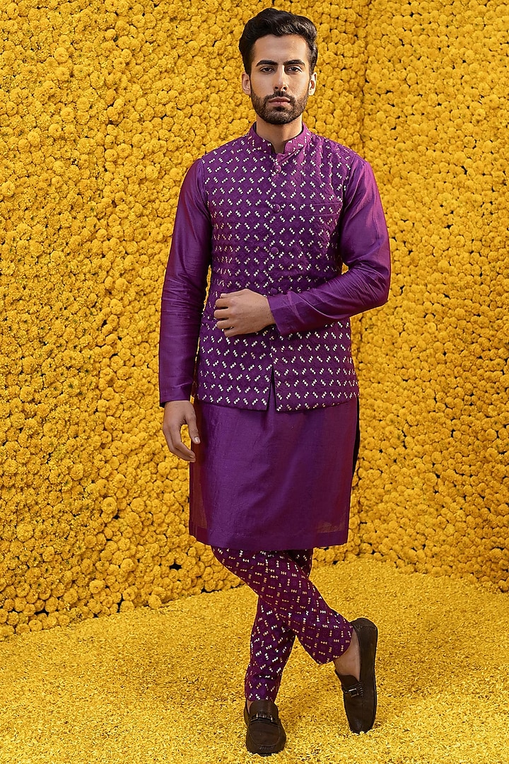 Purple Banarasi Chanderi Kurta Set With Bundi Jacket by Mahima Mahajan Men