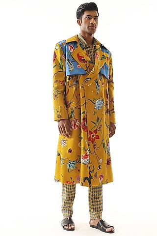 Multi-Colored Organza Satin Printed Trench Coat by Mahima Mahajan Men
