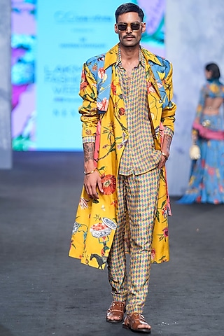 Multi-Colored Organza Satin Printed Jacket Set by Mahima Mahajan Men