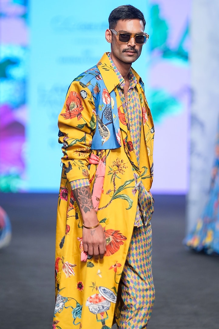 Multi-Colored Organza Satin Printed Jacket Set by Mahima Mahajan Men at Pernia's Pop Up Shop