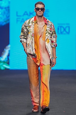 Multi-Colored Dupion Silk & Organza Satin Printed Jacket Set by Mahima Mahajan Men