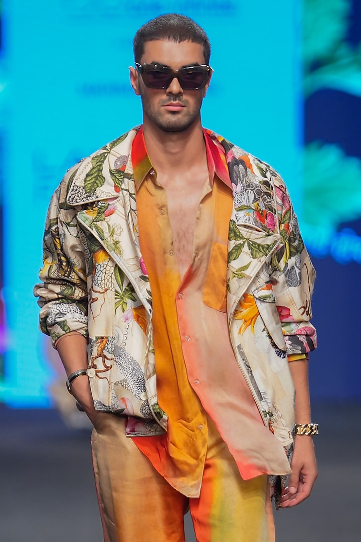 Multi-Colored Dupion Silk & Organza Satin Printed Jacket Set by Mahima Mahajan Men at Pernia's Pop Up Shop