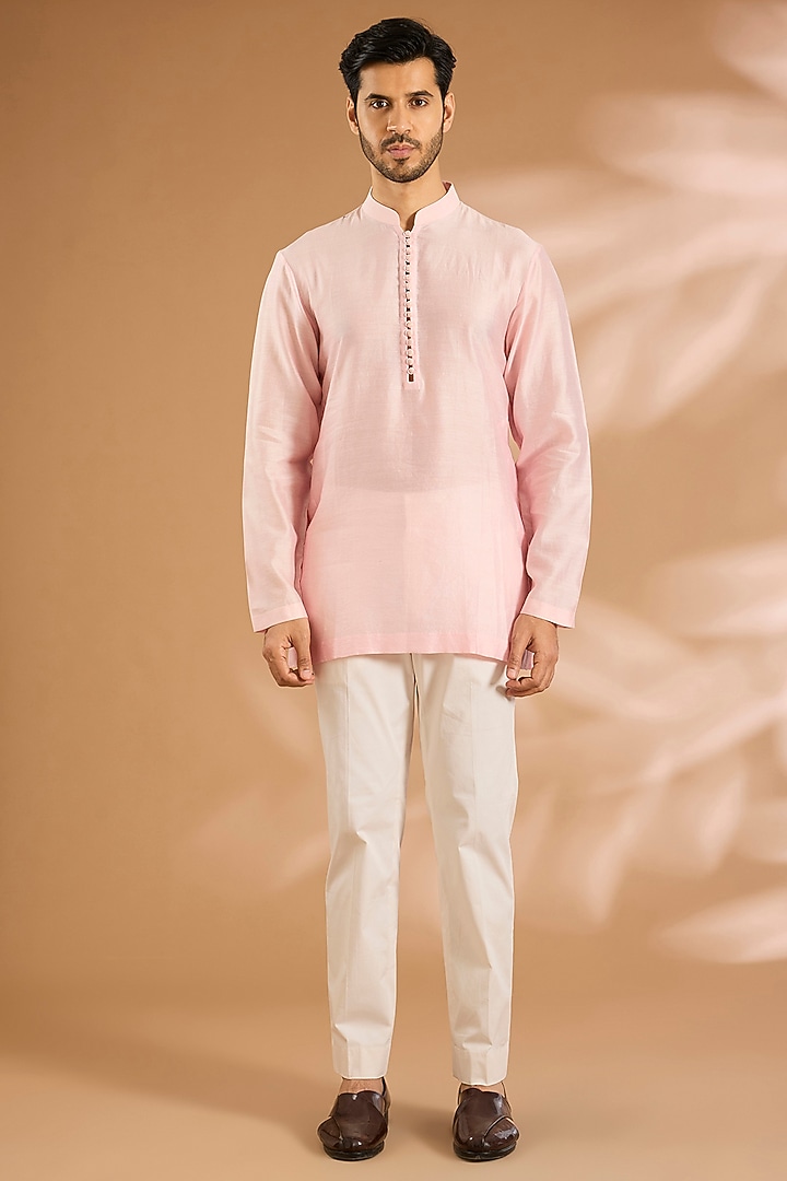 Blush Pink Satin Organza & Glazed Cotton Kurta by Mahima Mahajan Men at Pernia's Pop Up Shop