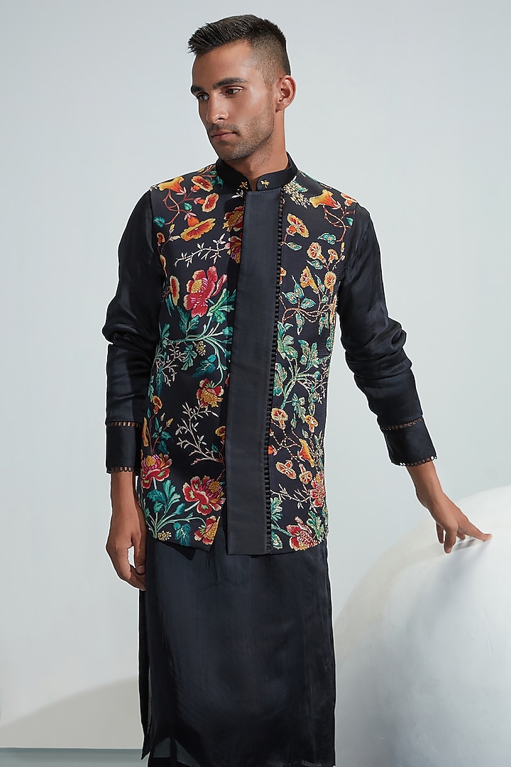 Black Satin Organza Embroidered Bundi Jacket by Mahima Mahajan Men