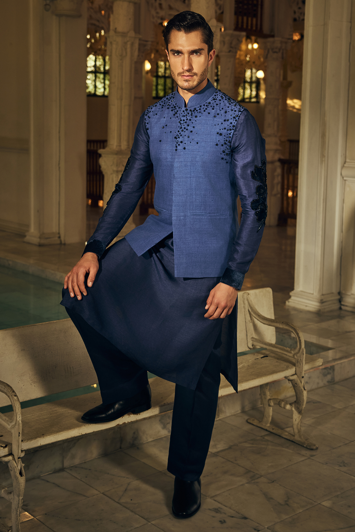 Navy Blue Matka Silk Hand Embroidered Bundi Jacket Set by Mahima Mahajan Men