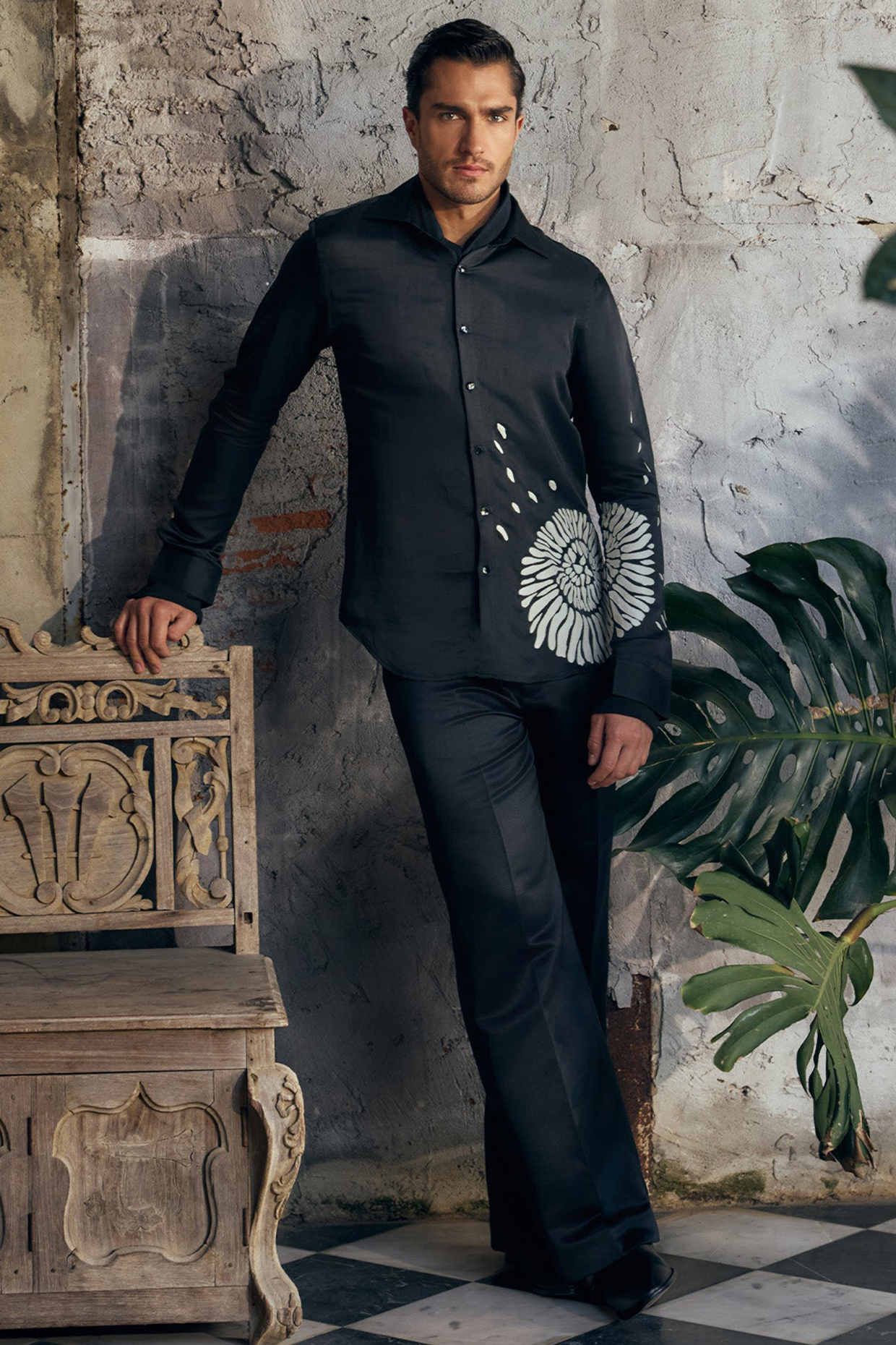 Black Linen Satin Applique Work Co-Ord Set by Mahima Mahajan Men