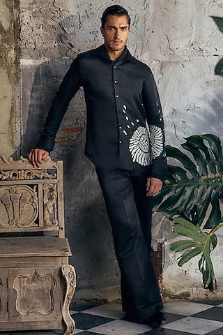 Black Linen Satin Applique Work Co-Ord Set by Mahima Mahajan Men