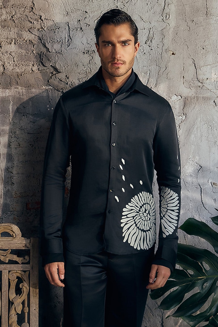Black Linen Satin Applique Work Co-Ord Set by Mahima Mahajan Men at Pernia's Pop Up Shop