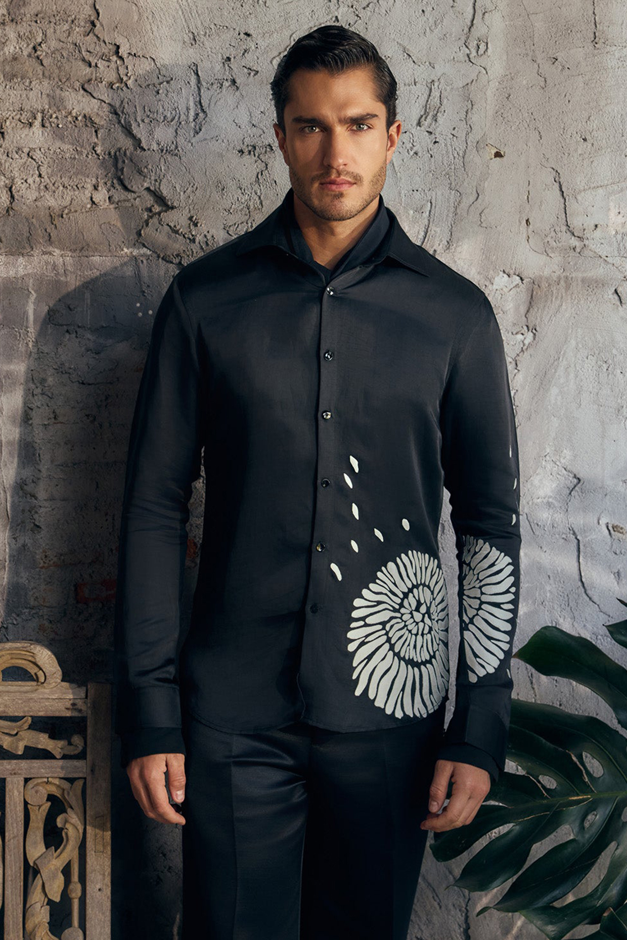 Black Linen Satin Applique Work Shirt by Mahima Mahajan Men
