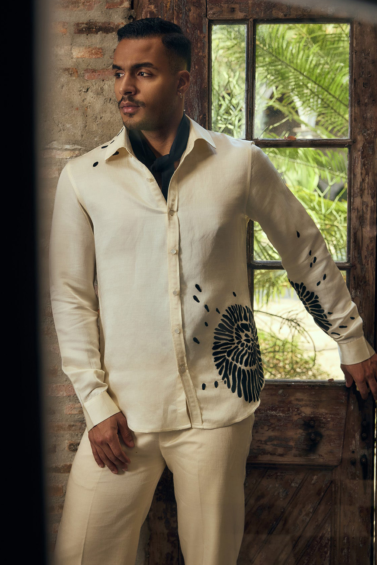 Coconut White Linen Satin Applique Work Shirt by Mahima Mahajan Men
