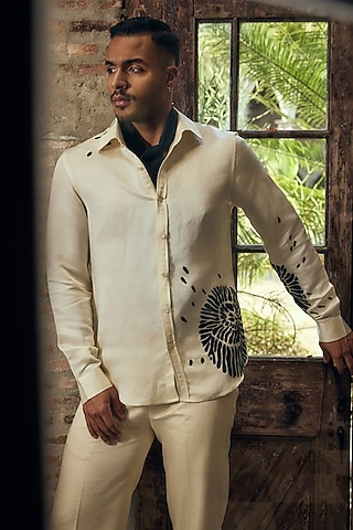 Coconut White Linen Satin Applique Work Shirt by Mahima Mahajan Men