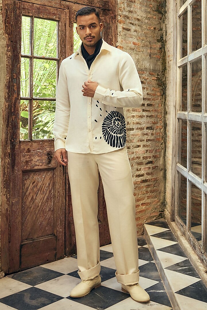 Coconut White Linen Satin Applique Work Wedding Shirt by Mahima Mahajan Men at Pernia's Pop Up Shop