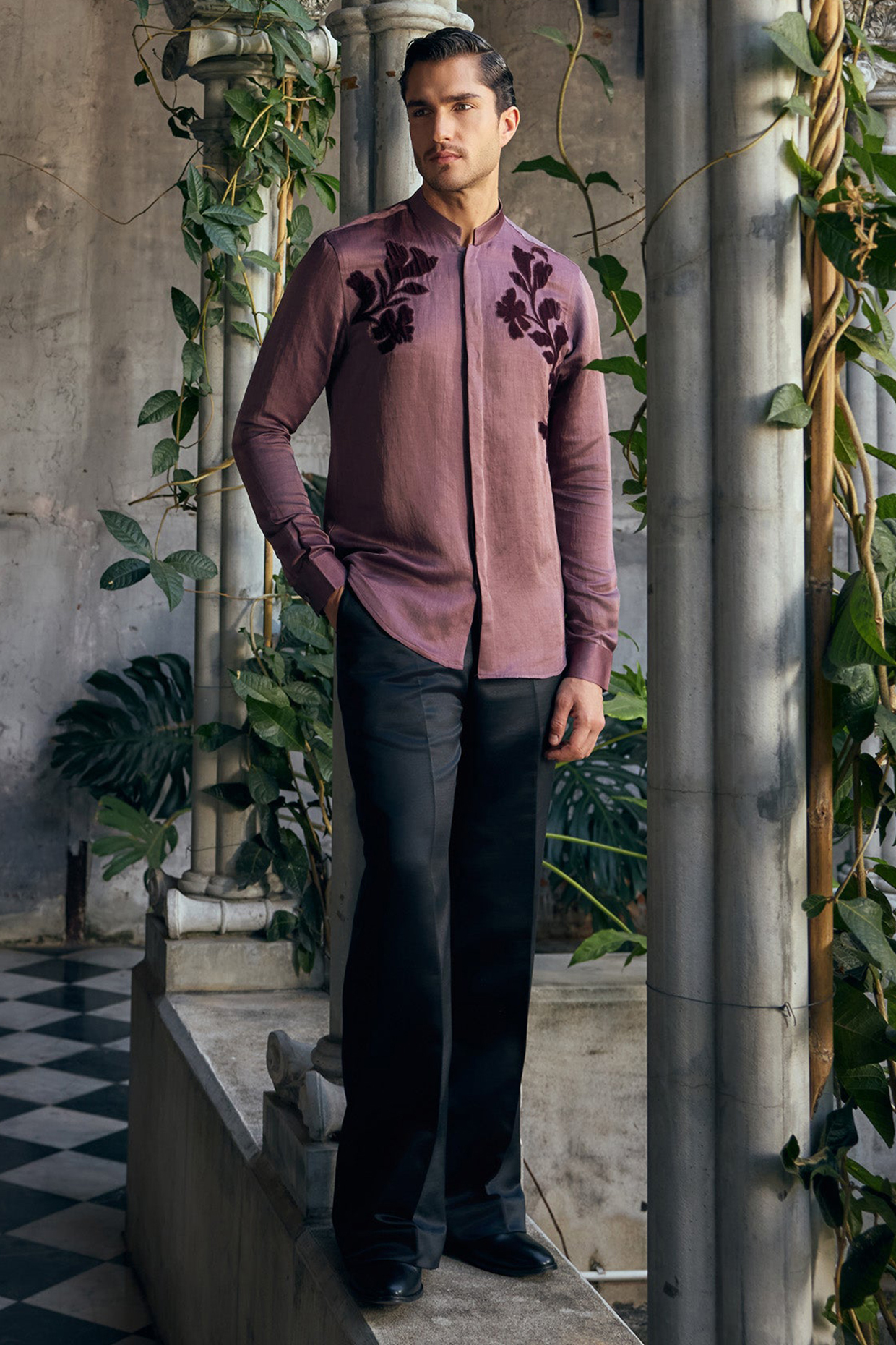 Purple Linen Satin Applique Work Shirt by Mahima Mahajan Men