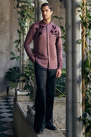 Purple Linen Satin Applique Work Shirt by Mahima Mahajan Men