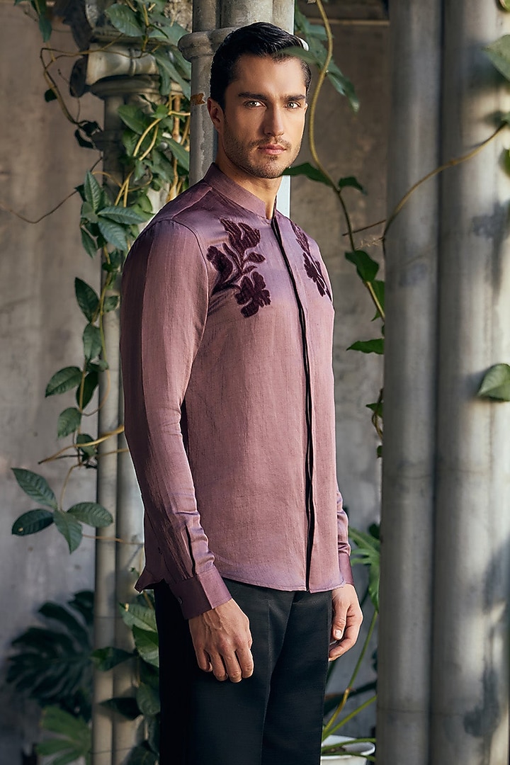 Purple Linen Satin Applique Work Wedding Shirt by Mahima Mahajan Men at Pernia's Pop Up Shop
