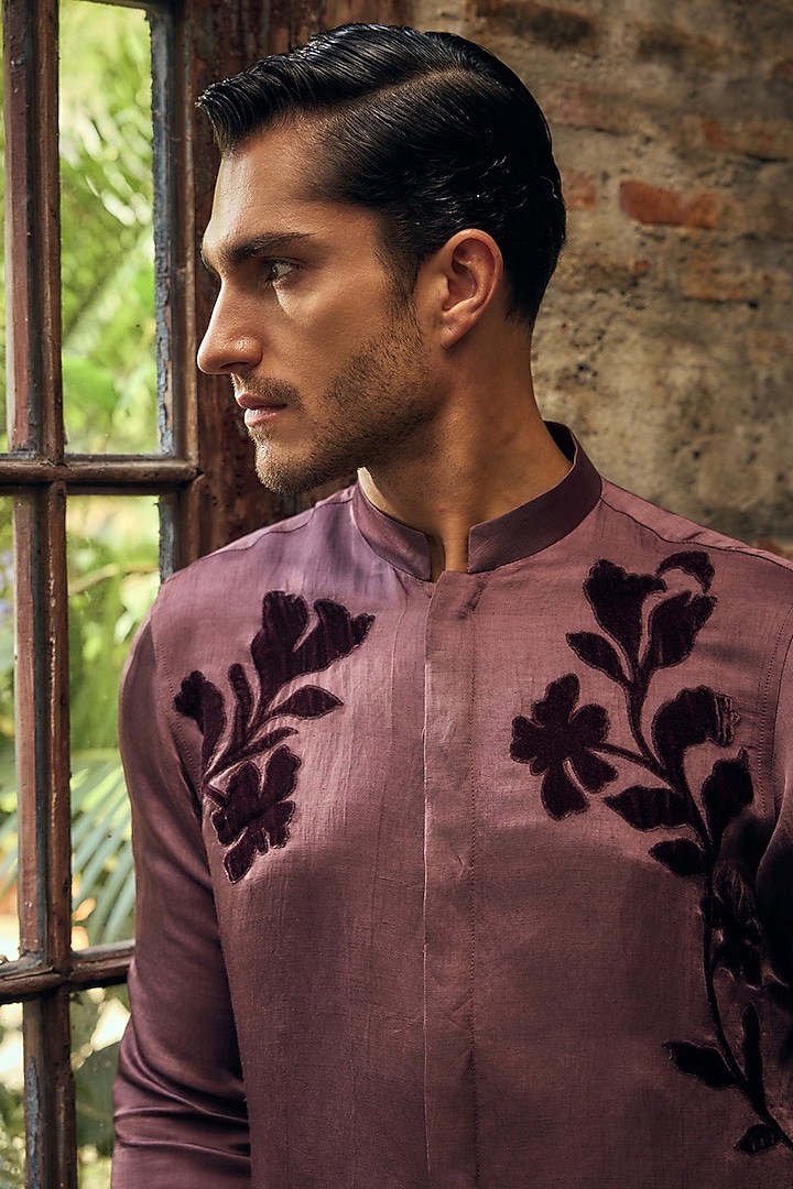 Purple Linen Satin Applique Work Wedding Shirt by Mahima Mahajan Men at Pernia's Pop Up Shop