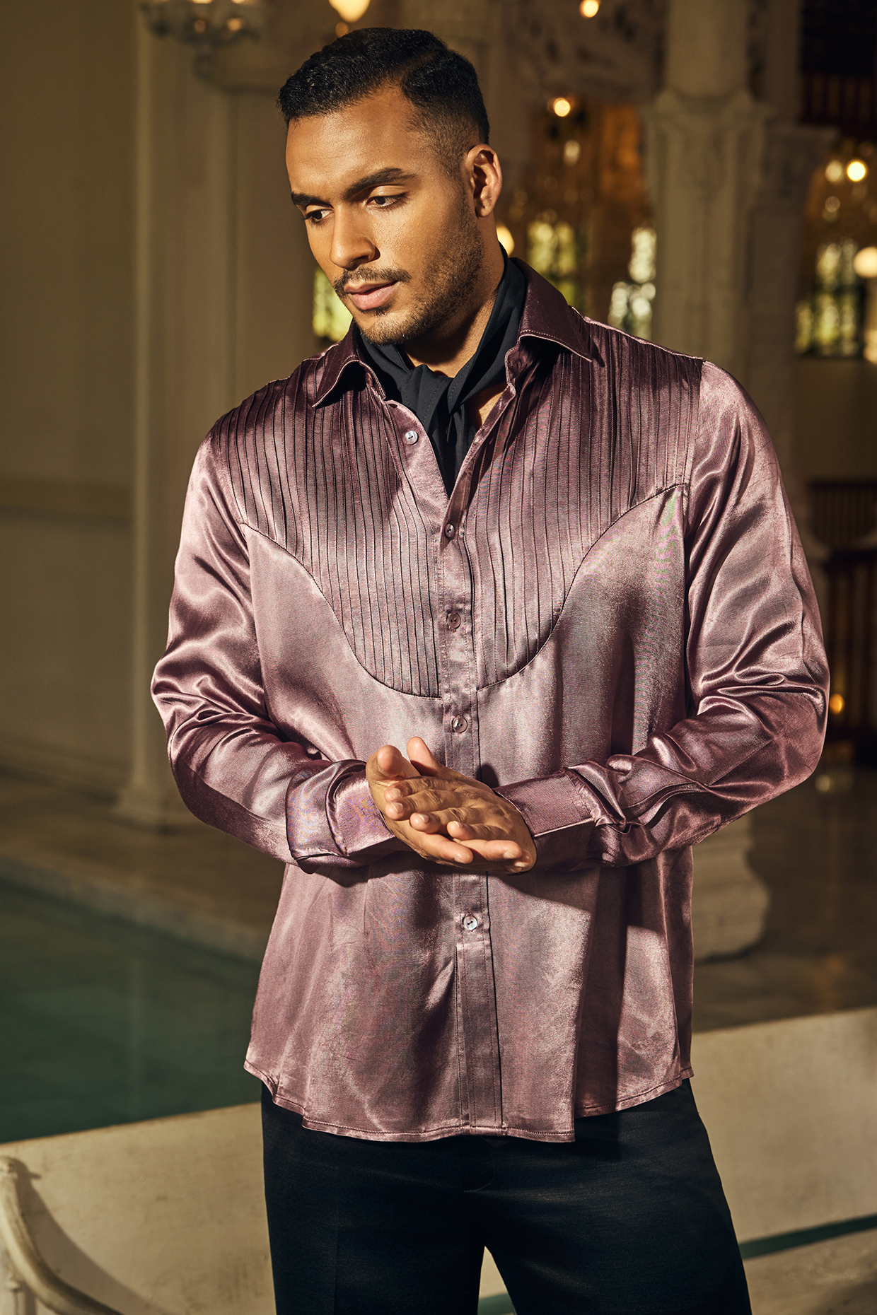 Purple Mashru Silk Pleated Shirt by Mahima Mahajan Men