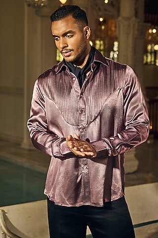 Purple Mashru Silk Pleated Shirt by Mahima Mahajan Men