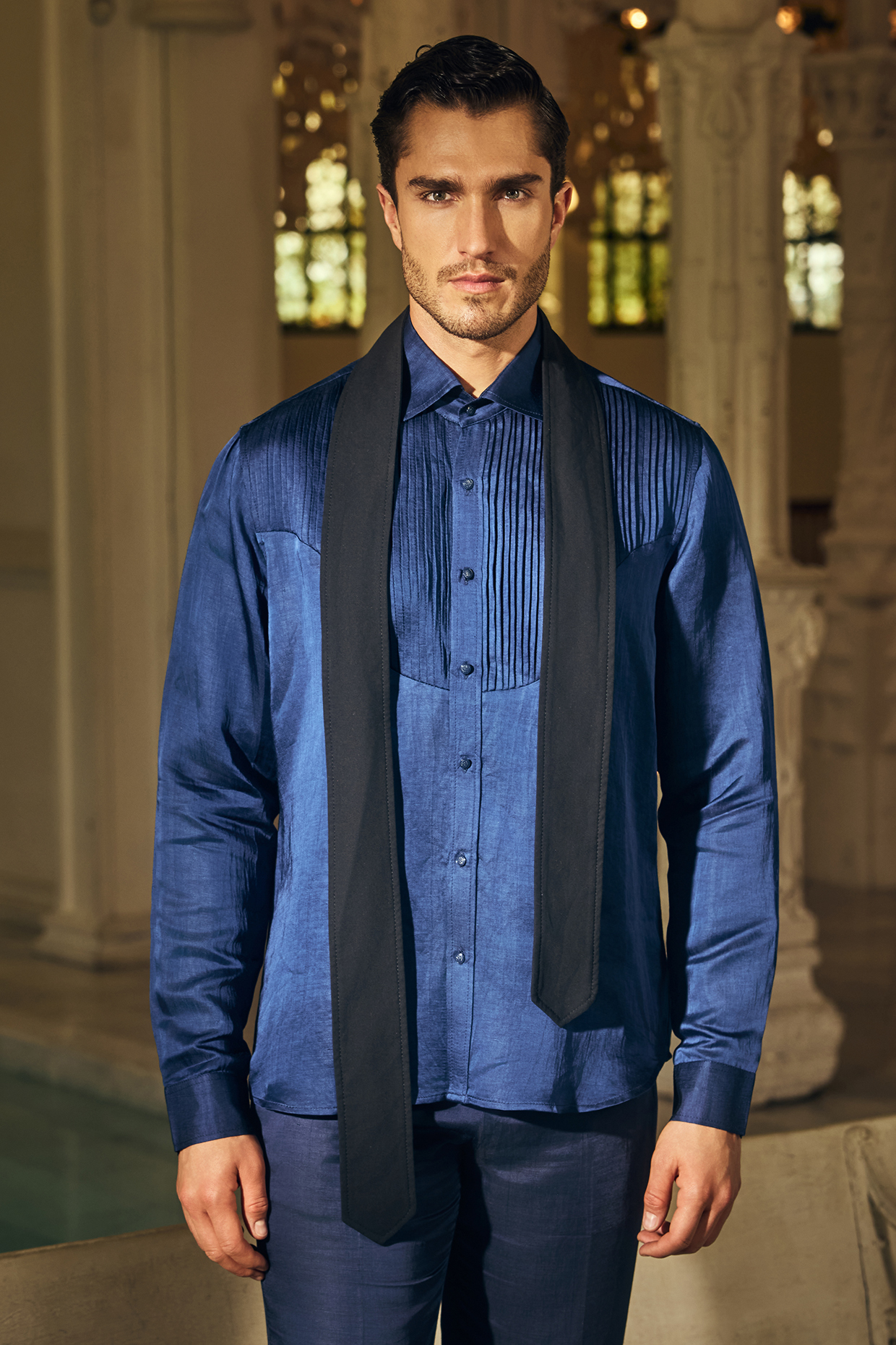 Navy Blue Linen Satin Pleated Shirt by Mahima Mahajan Men