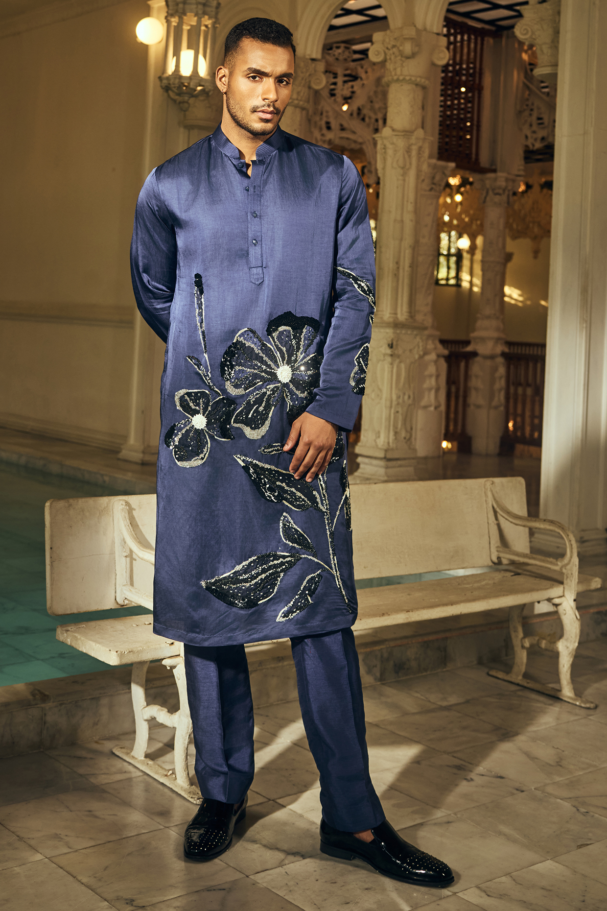Navy Blue Linen Satin Hand Embroidered Kurta Set by Mahima Mahajan Men