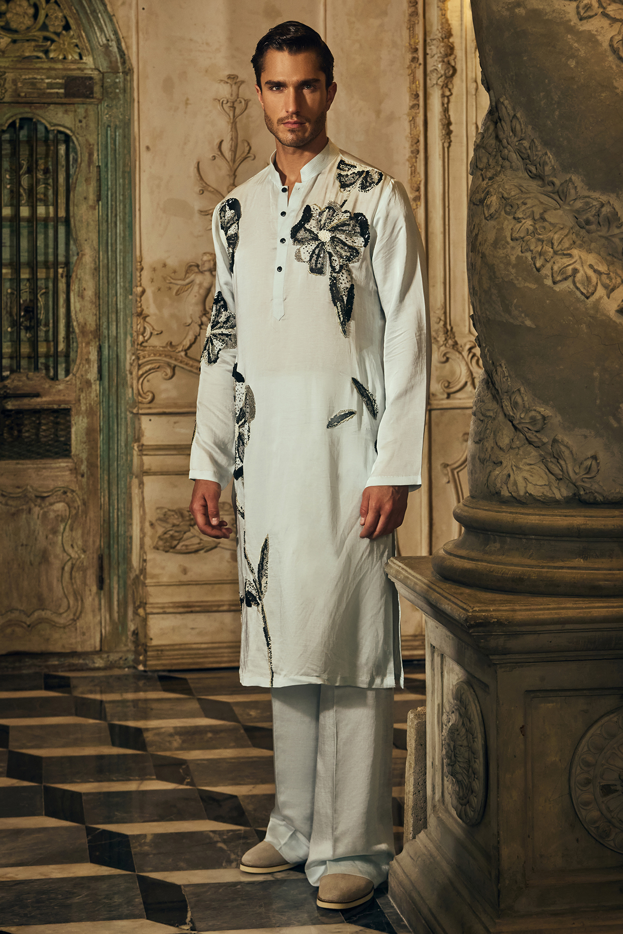 Pastel Blue Linen Satin Hand Embroidered Kurta Set by Mahima Mahajan Men