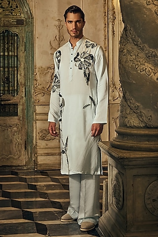 Pastel Blue Linen Satin Hand Embroidered Kurta Set by Mahima Mahajan Men