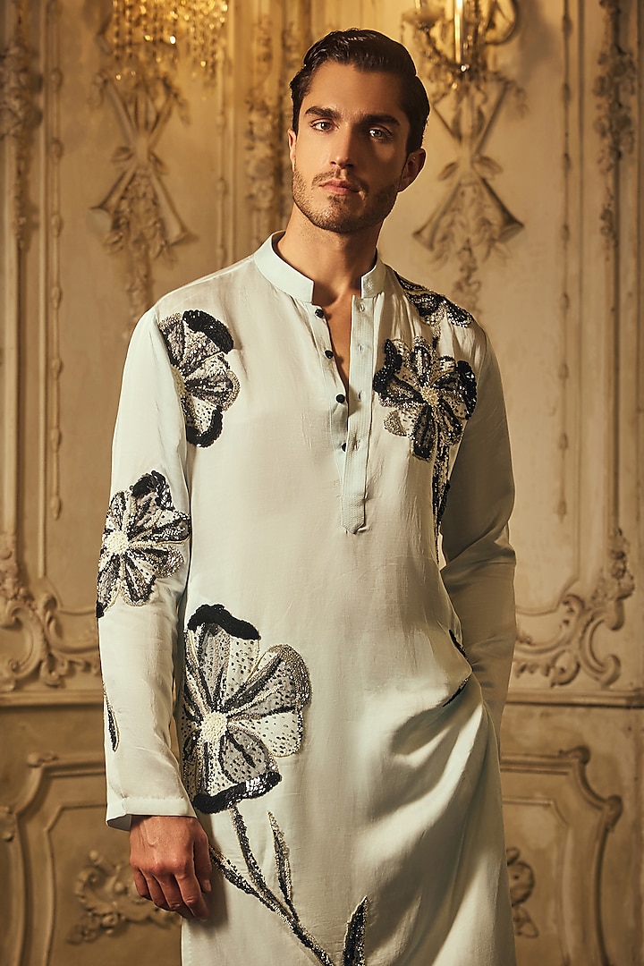 Pastel Blue Linen Satin Hand Embroidered Kurta Set by Mahima Mahajan Men at Pernia's Pop Up Shop