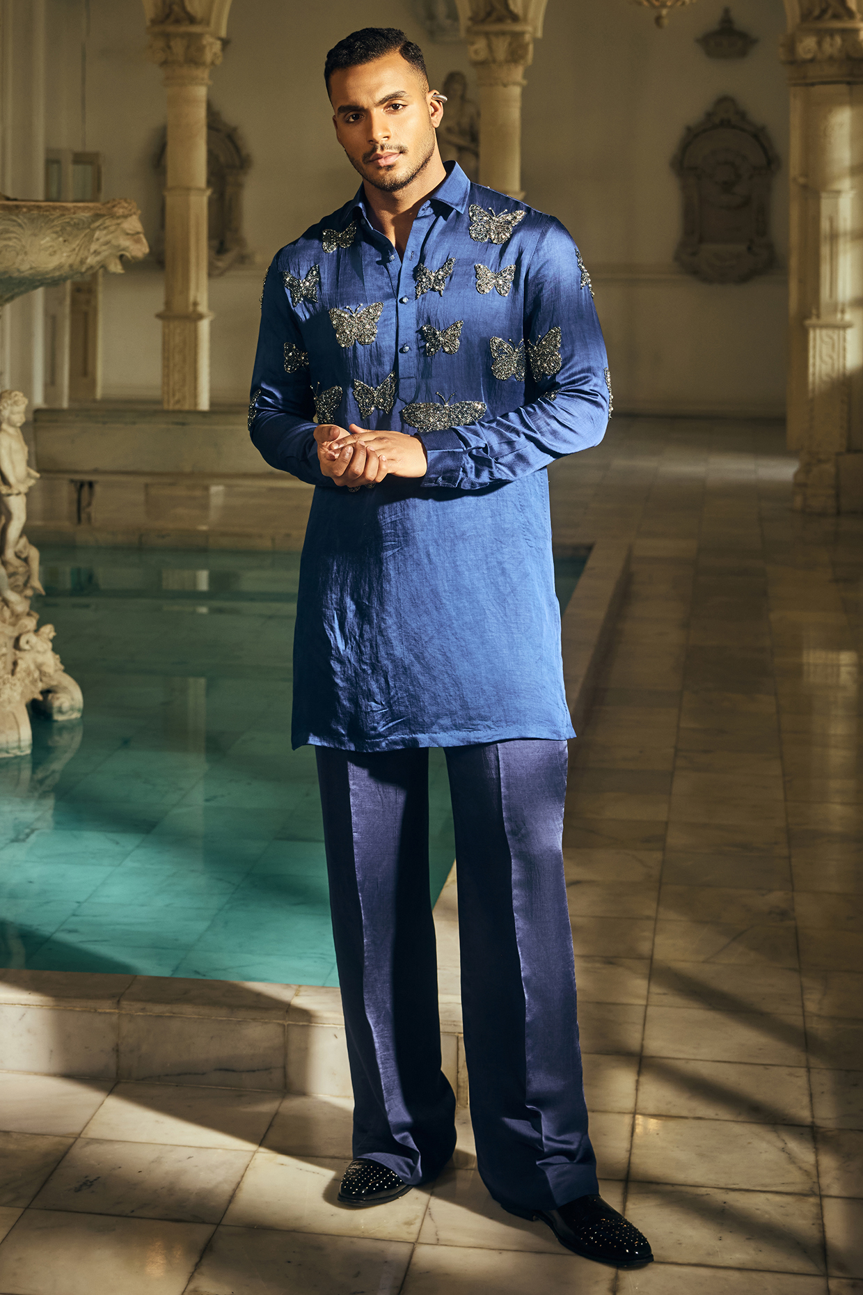 Navy Blue Linen Satin Motifs Embroidered Short Kurta Set by Mahima Mahajan Men