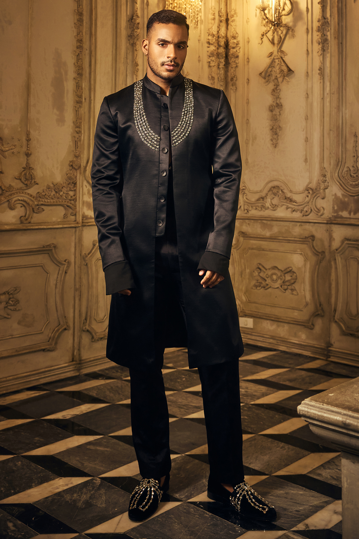 Black Madrid Fabric Embroidered Sherwani Set by Mahima Mahajan Men