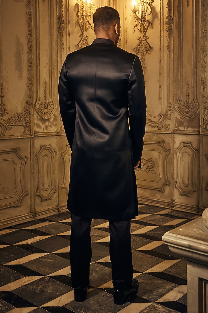 Black Madrid Fabric Embroidered Wedding Sherwani Set by Mahima Mahajan Men at Pernia's Pop Up Shop