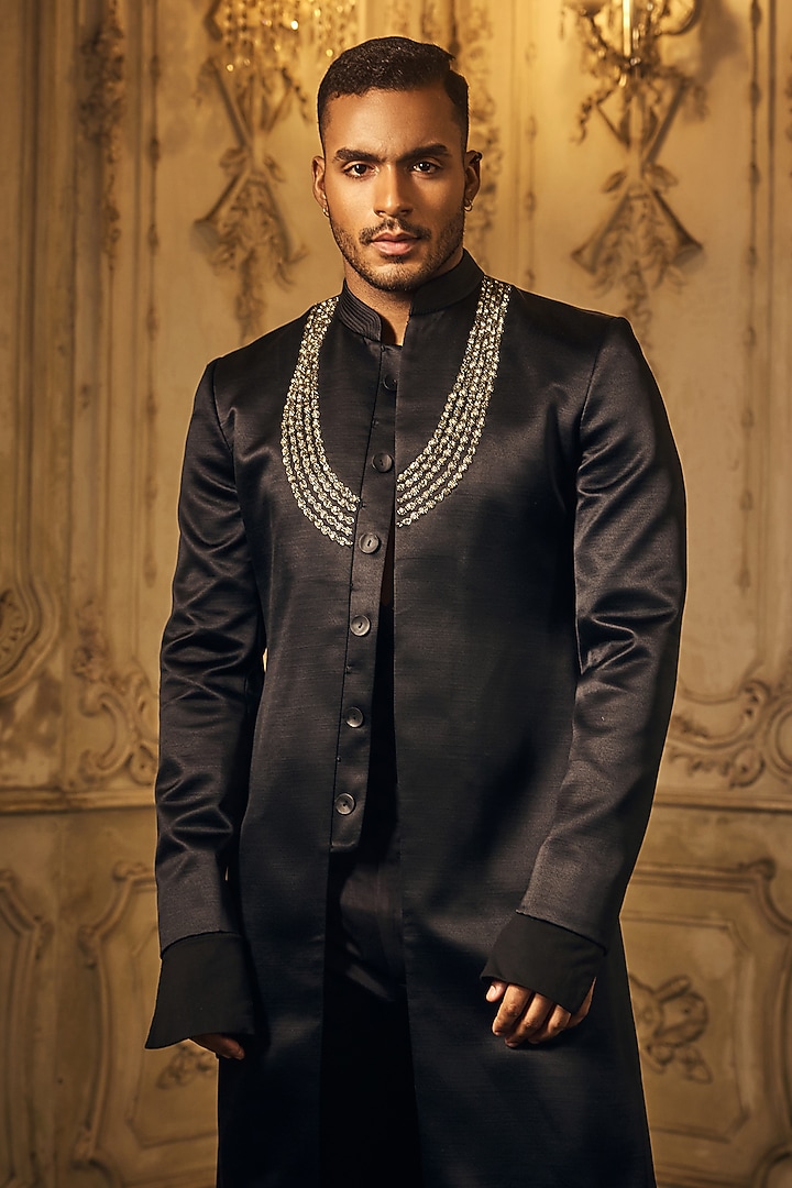 Black Madrid Fabric Embroidered Wedding Sherwani Set by Mahima Mahajan Men at Pernia's Pop Up Shop