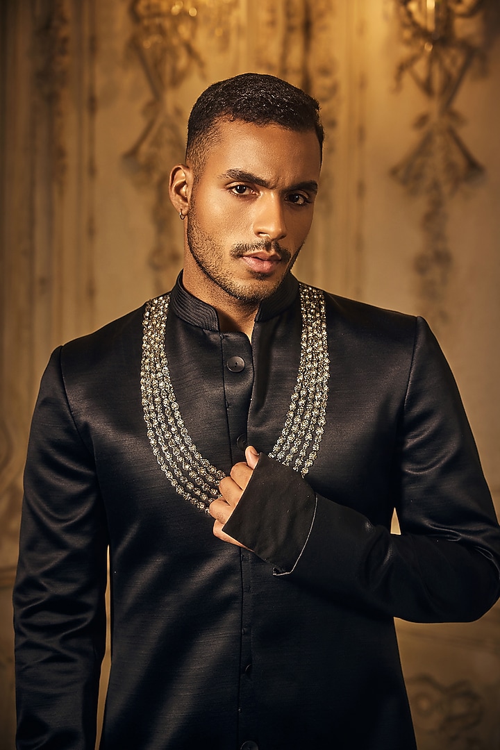 Black Madrid Fabric Embroidered Wedding Sherwani Set by Mahima Mahajan Men at Pernia's Pop Up Shop