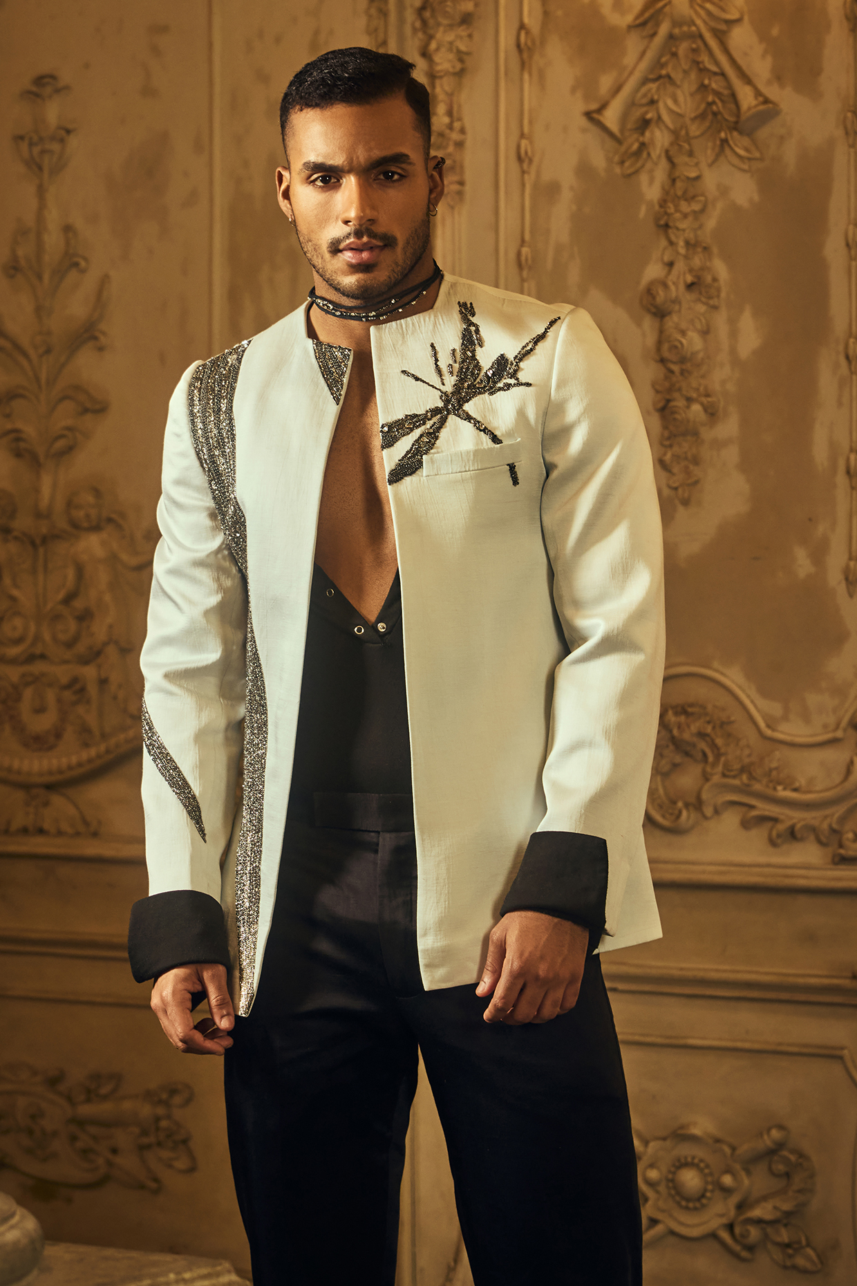 Pastel Blue Linen Satin Hand Embroidered Indowestern Jacket by Mahima Mahajan Men