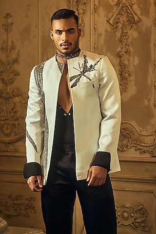 Pastel Blue Linen Satin Hand Embroidered Indowestern Jacket by Mahima Mahajan Men