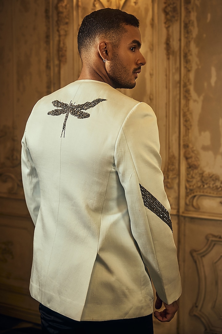 Pastel Blue Linen Satin Hand Embroidered Wedding Indowestern Jacket by Mahima Mahajan Men at Pernia's Pop Up Shop