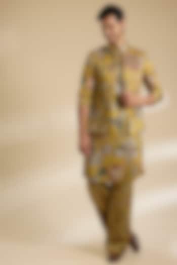 Old Gold Cotton Cambric Bundi Jacket Set by Mahima Mahajan Men