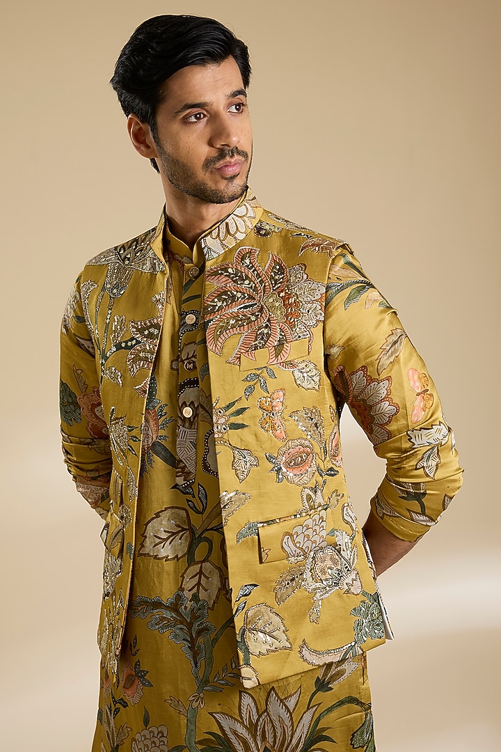 Old Gold Cotton Cambric Bundi Jacket Set by Mahima Mahajan Men at Pernia's Pop Up Shop