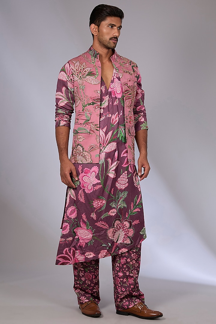 Burgundy Cotton Cambric Bundi Jacket Set by Mahima Mahajan Men