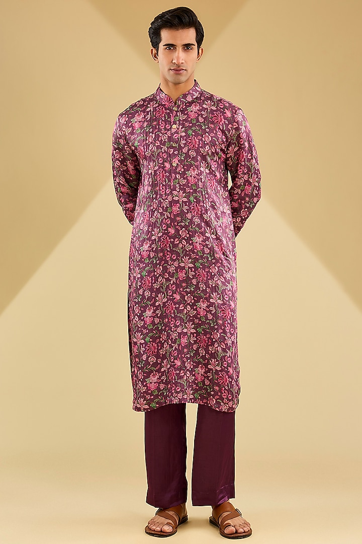 Burgundy Cambric Cotton Kurta Set by Mahima Mahajan Men