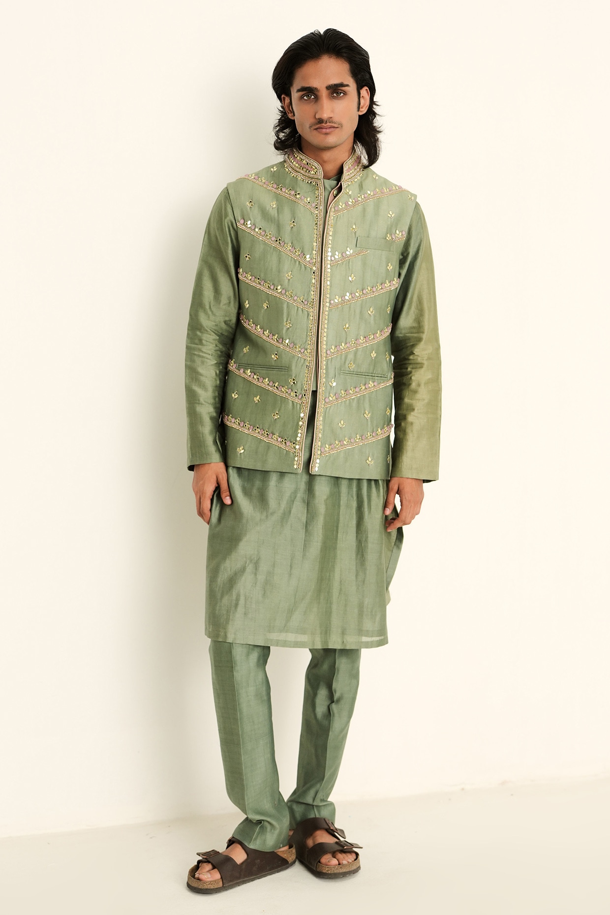 Mahima Mahajan Jade Green Linen Satin Hand Embroidered Bundi Jacket Set