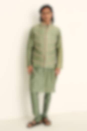 Jade Green Linen Satin Hand Embroidered Bundi Jacket Set by Mahima Mahajan Men at Pernia's Pop Up Shop