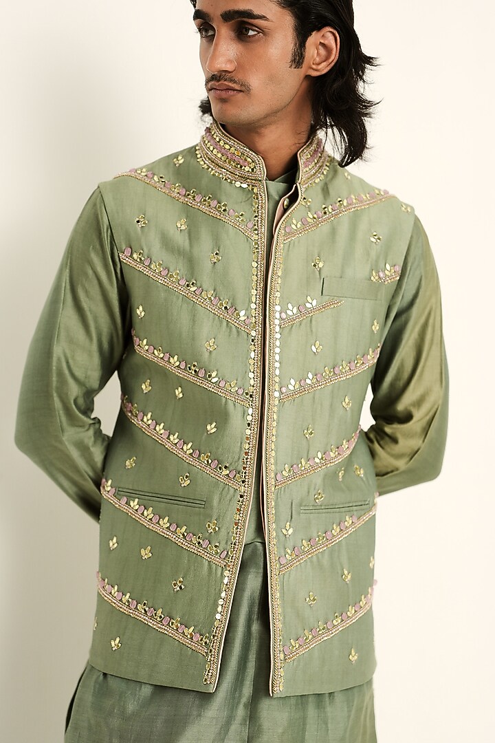 Jade Green Linen Satin Hand Embroidered Bundi Jacket Set by Mahima Mahajan Men at Pernia's Pop Up Shop
