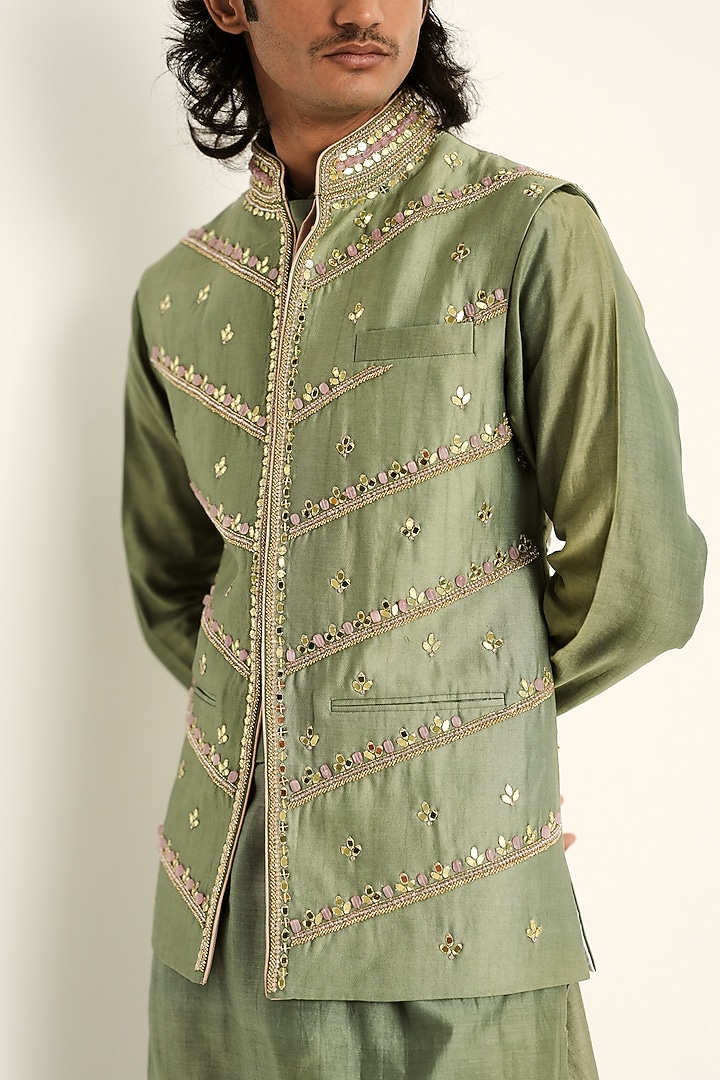 Jade Green Linen Satin Hand Embroidered Bundi Jacket Set by Mahima Mahajan Men at Pernia's Pop Up Shop