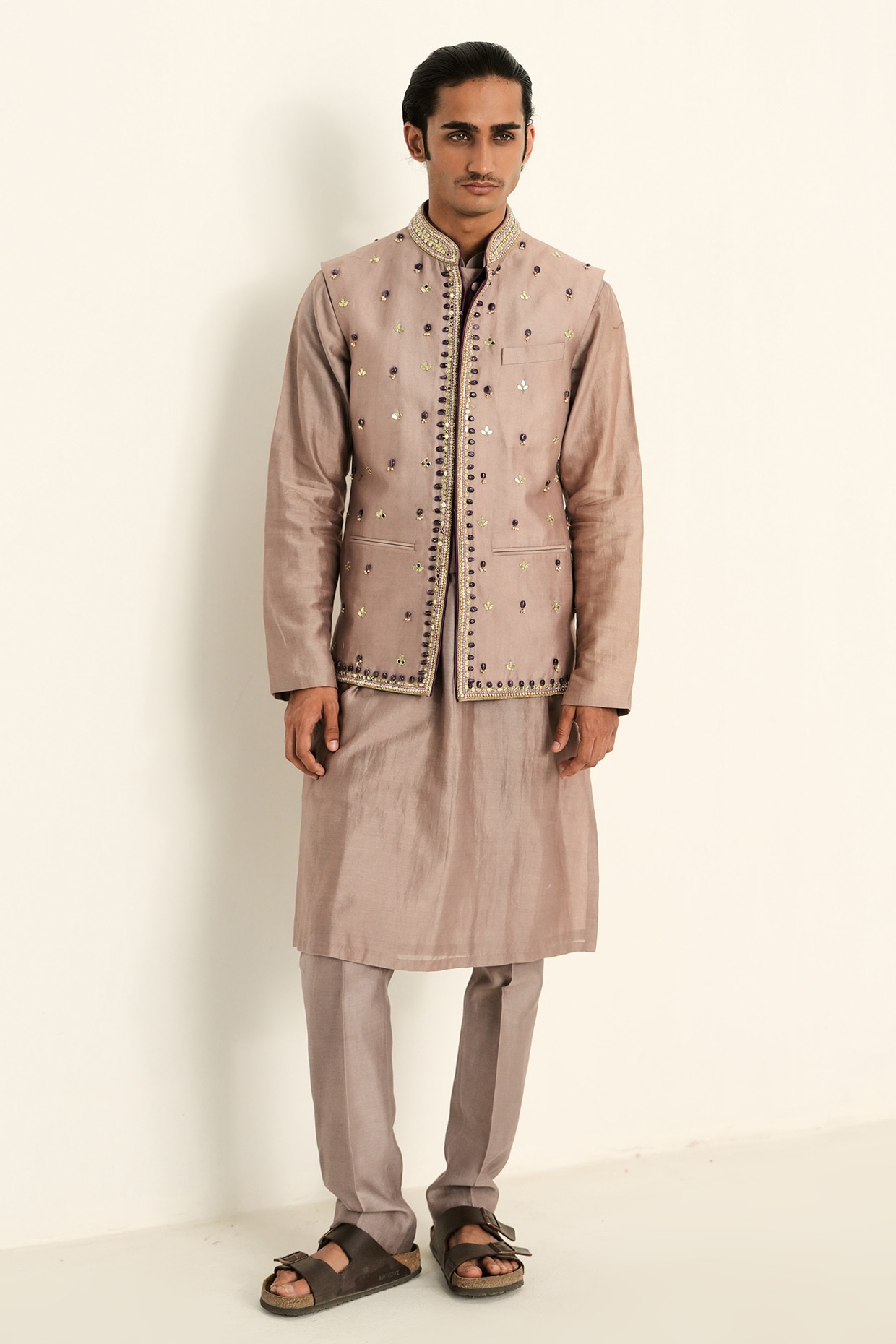 Mahima Mahajan Platinum-Colored Linen Satin Hand Embroidered Bundi Jacket Set