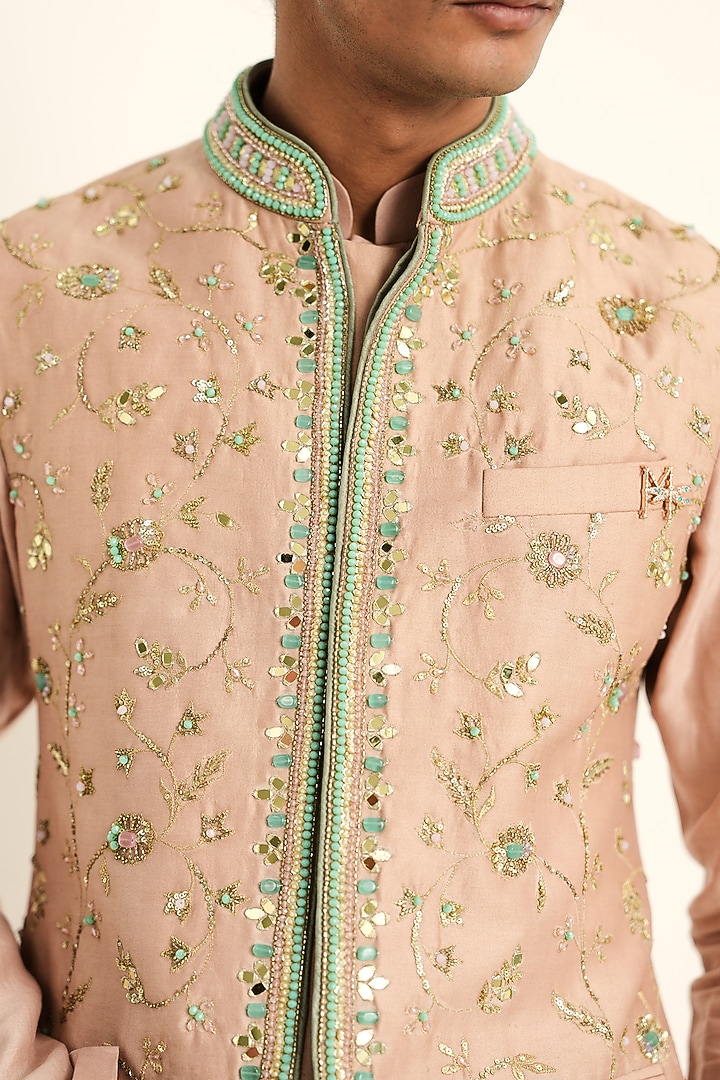 Blush Pink Linen Satin Hand Embroidered Bundi Jacket Set by Mahima Mahajan Men at Pernia's Pop Up Shop