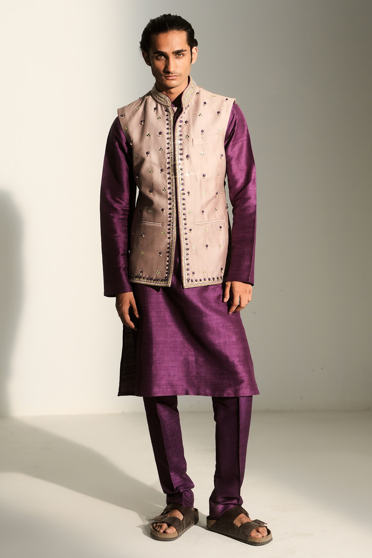 Mahima Mahajan Platinum-Colored Linen Satin Hand Embroidered Bundi Jacket Set